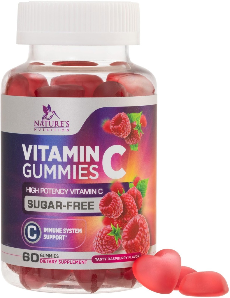 Sugar Free Witamina C Gummies - Immune Support & Antioksydant VitaminC Dietetyczny Suplement - Wegan, Non-GMO, Dairy & Gluten Free C Witamina Gummy - Smak malinowy dla dzieci i dorosłych - 60 Hrabia Gummies