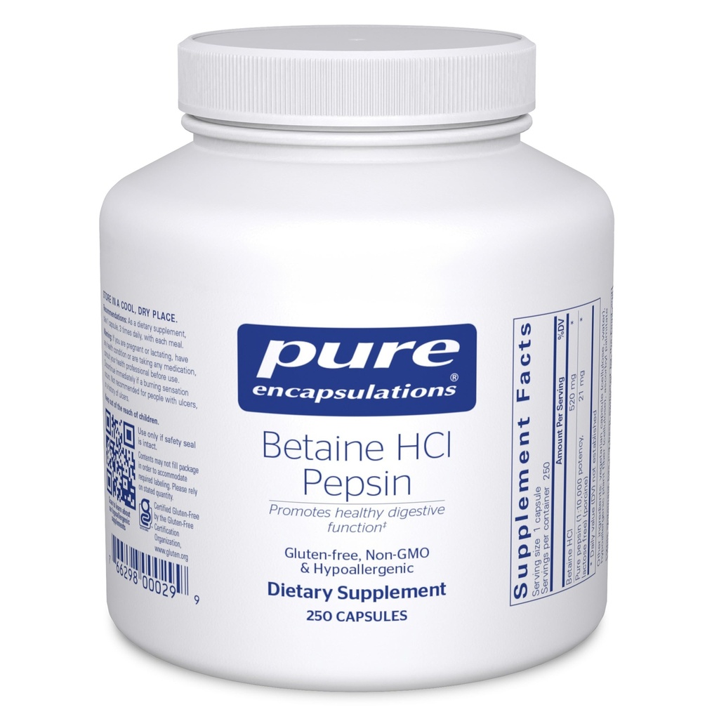 Pure Encapsulations Betaine HCl Pepsyna - Suplement do enzymów trawiennych do pomocy i wsparcia, Kwas żołądkowy i odżywczy Wchłanianie * - z Betaine HCl Pepsyna - 250 Kapsułki