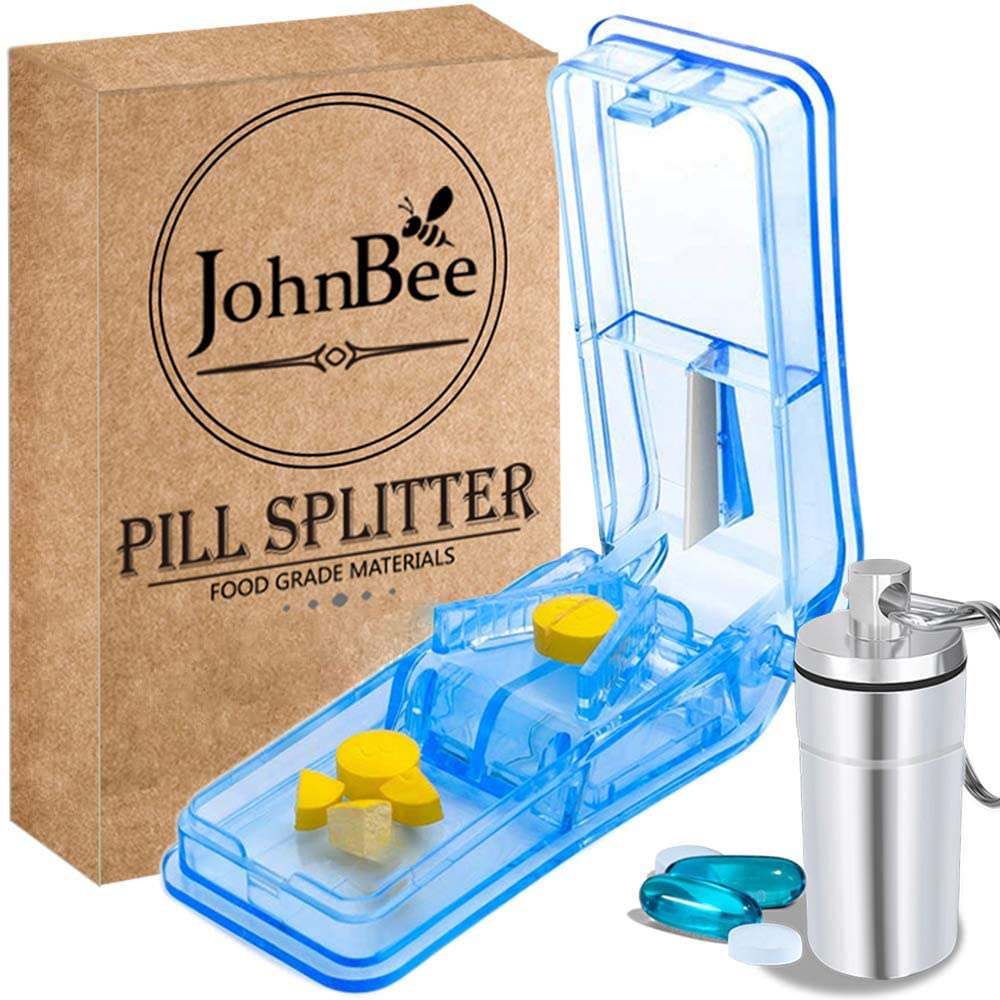 JohnBee Pill Cutter 124; Best Pill Cutter for Small or Large Pills X124; Designed in The USA Xim124; Cuts Vitamins Xim124; Obejmuje Keychain Pill Holder (Blue)