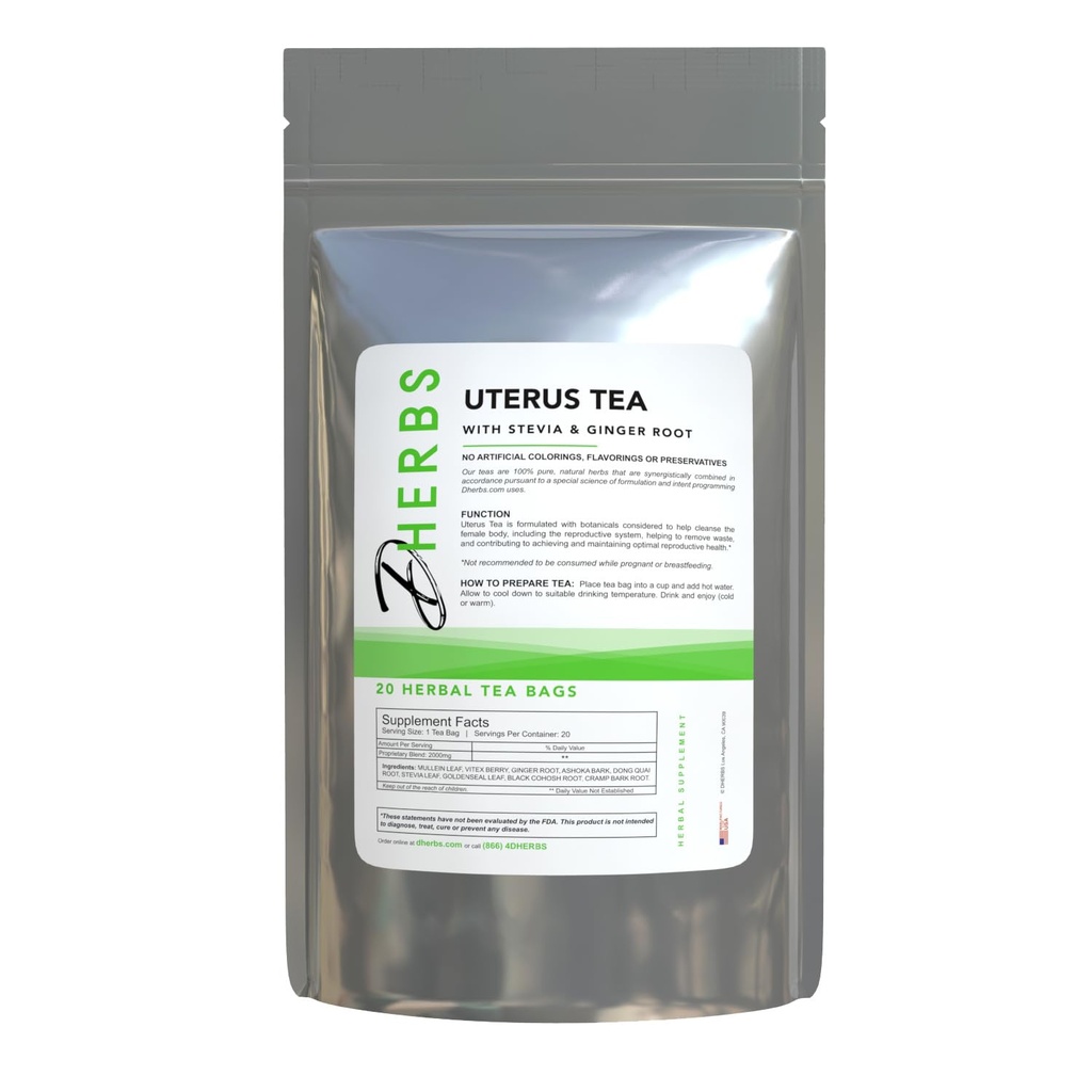 Herbal Uterus Tea, Ginger Root, Mullein Leaf, Stewia i Vitex Berry (20 worków)