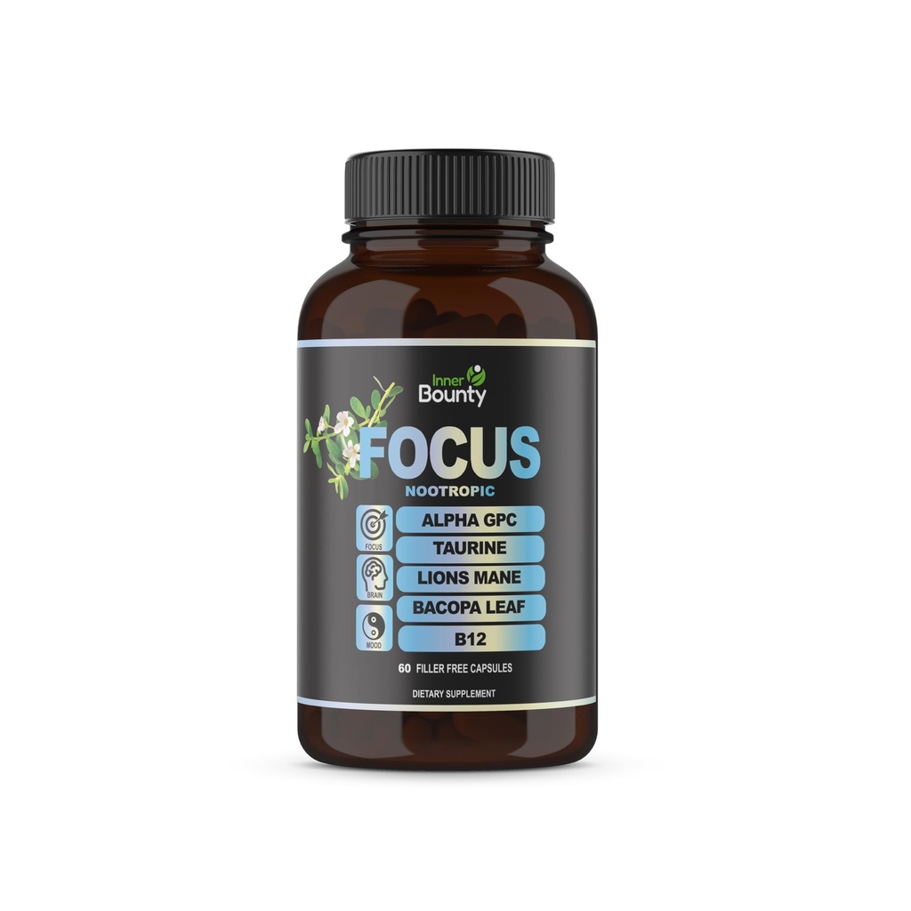 Focus 14- in-1 Nootropowy suplement mózgu z Lions Mane, Alpha GPC Choline, Witamina C & B12, Tauryna, Bacopa - Energia, Cognitive, Wspomaganie pamięci, 60 Kapsułki wypełniacz