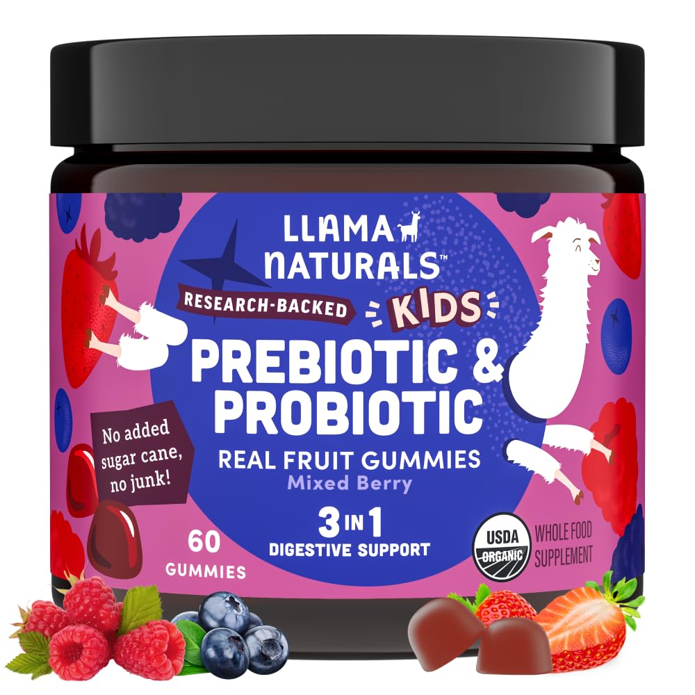 Llama Naturals Dzieci Probiotyczne z prebiotycznym włóknem, Wegan, Organiczne Prebiotyki i Gummies Probiotyki dla Gut Health Support, Toddler Prawdziwe owoce Gummy Witaminy, Nie Dodano Cukru Cane, Mieszane Berry, 60 Ct