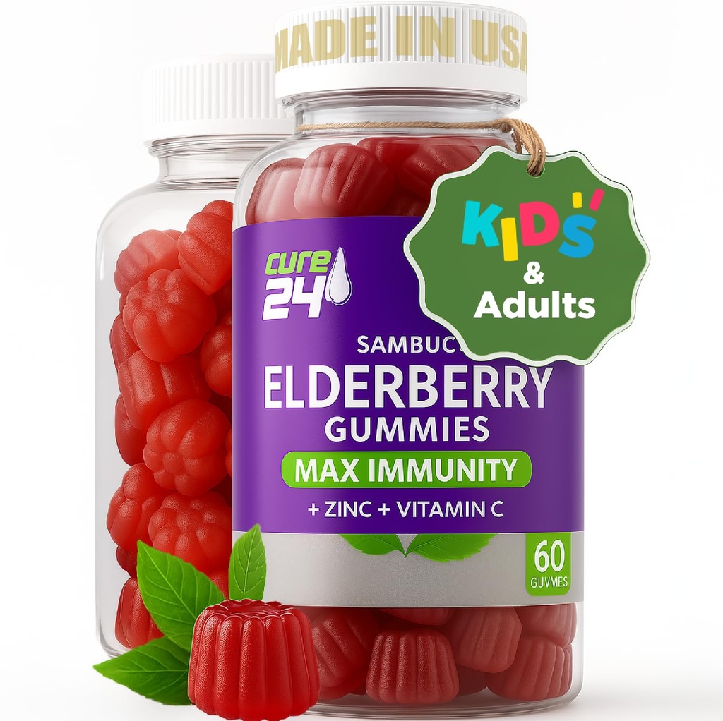 Sambucus Elderberry Gummies + Witamina C + Cynk dla dzieci i dorosłych, X3 Wsparcie immunologiczne, Natural Flavors + Składniki, Wegan, Non-GMO, Made in USA (60)