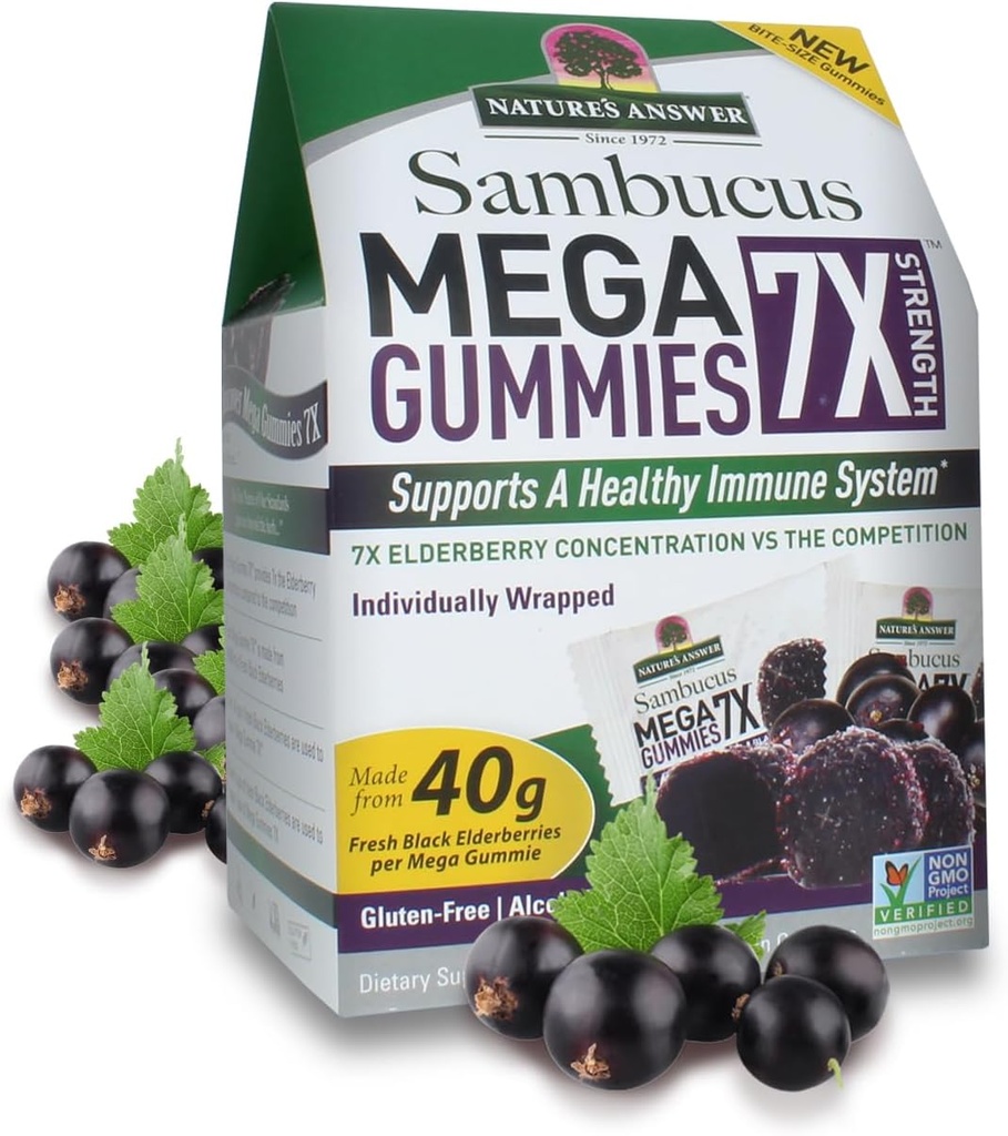 Odpowiedź natury Sambucus Mega Gummies diecezja 124; 7X Więcej Koncentracja elderberry 124; Alkohol-wolne, Gluten- wolne, Żelatyna-wolne, Wegan, Non-GMO & Brak środków konserwujących