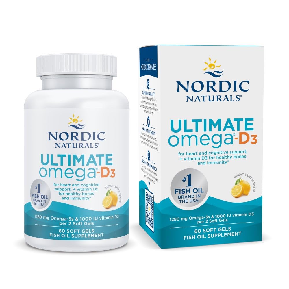 Nordic Naturals Ultimate Omega- D3, Lemon Flavor - 60 Soft Gels - 1280 mg Omega- 3 + 1000 IU Witamina D3 - EPA & DHA - Promotes Brain, Heart, & Immune Health - 30 Servings