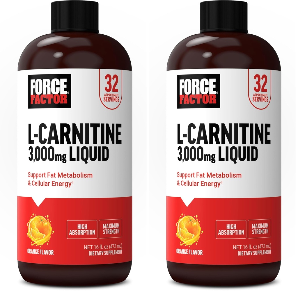 Force Factor L Carnitine Supplement, Liquid L- Carnitine 3000 mg, aby pomóc włączyć tłuszcz do energii, Wsparcie Odzyskiwanie mięśni i Boost Cellular Energy, Maksymalna wytrzymałość, Non-GMO, Pomarańczowy Flavor, 16 Oz.