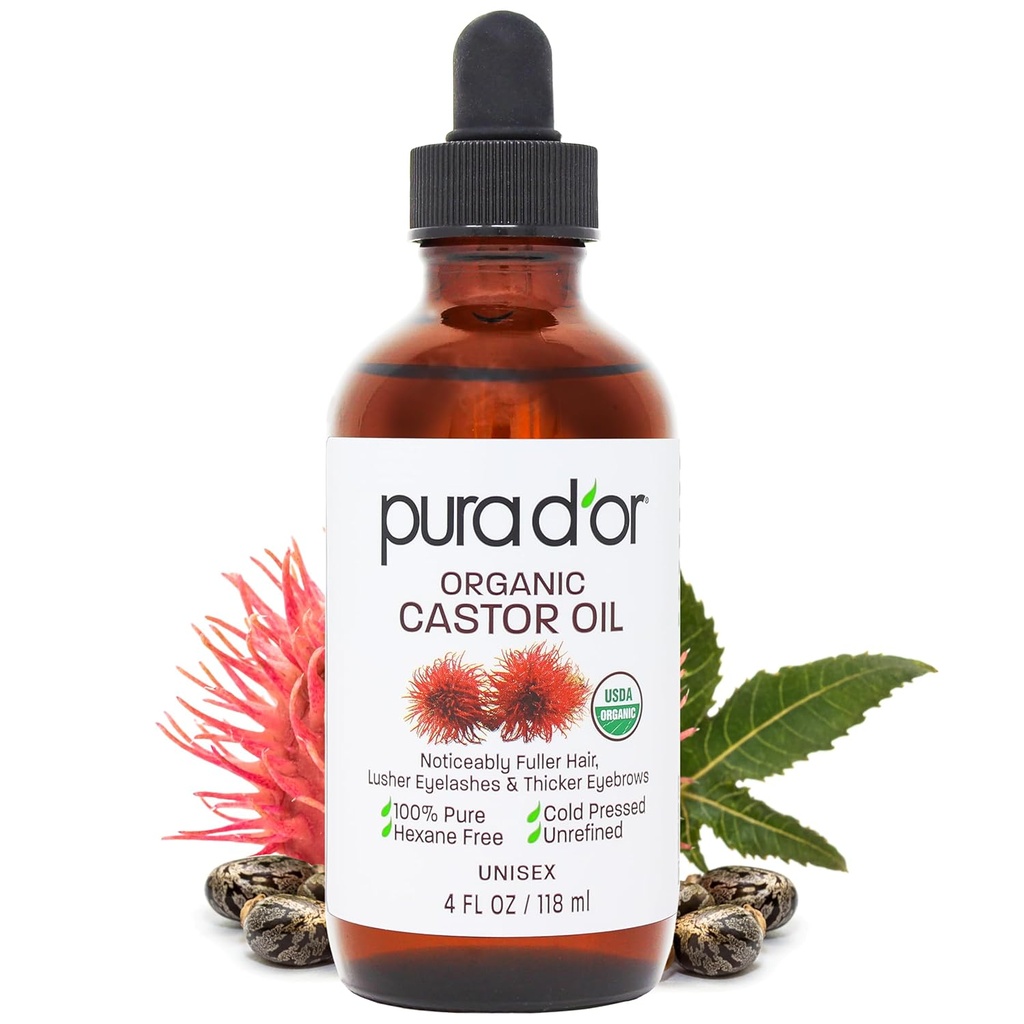 PURA D 'OR 4 Oz ORGANIC Castor Oil - 100% Pure USDA Certified Cold Pressed, Hexane Free Eyelash & Eyebrow Serum - Dla Fuller, Grubsze rzęsy i brwi - Skóra i włosy
