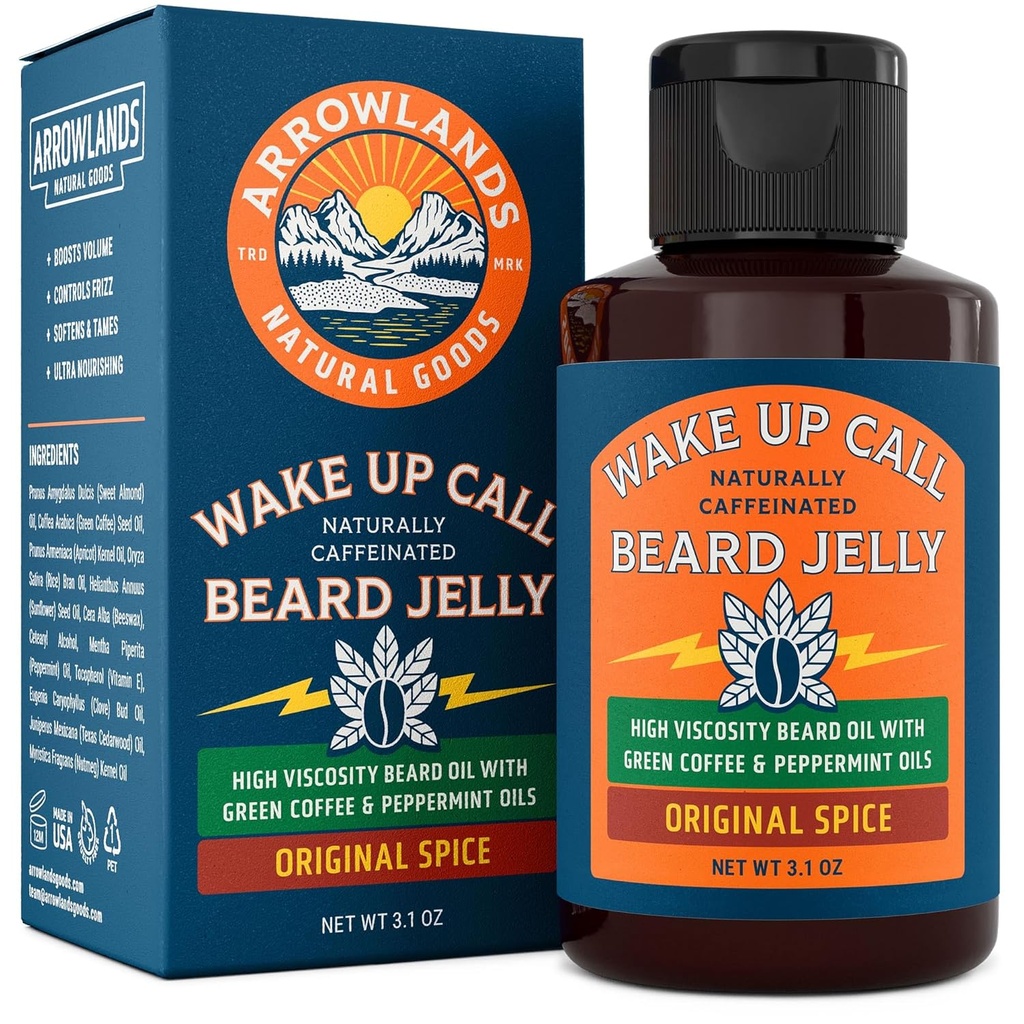 Wake Up Call Beard Jelly - kofeina Beard Growth Oil z Virgin Green Coffee Oil & Peppermint, Natural Tickener i Moisturizer (3.1oz, Original Spice)
