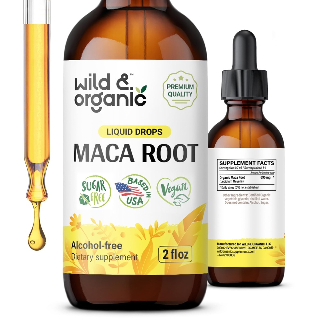 Wild & Organic Maca Root Drops for Women & Men - Nastroj, Skup się, Aktywny styl życia - Peruwiański Maca Supplement - Wegan, Cukier & Alkohol Free Tincture - 2 fl oz
