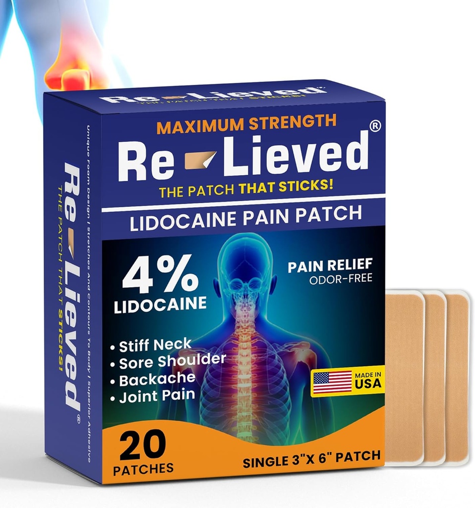 Reeved 4% Lidokaina Patches Maksymalna wytrzymałość - bez aluminium, Odporny na wodę i USA Made -Superior Sticking Pain Relief Patches szybko łagodzi plecy, łączniki i mięśnie Paint- 3x6 Inches (20 Count)