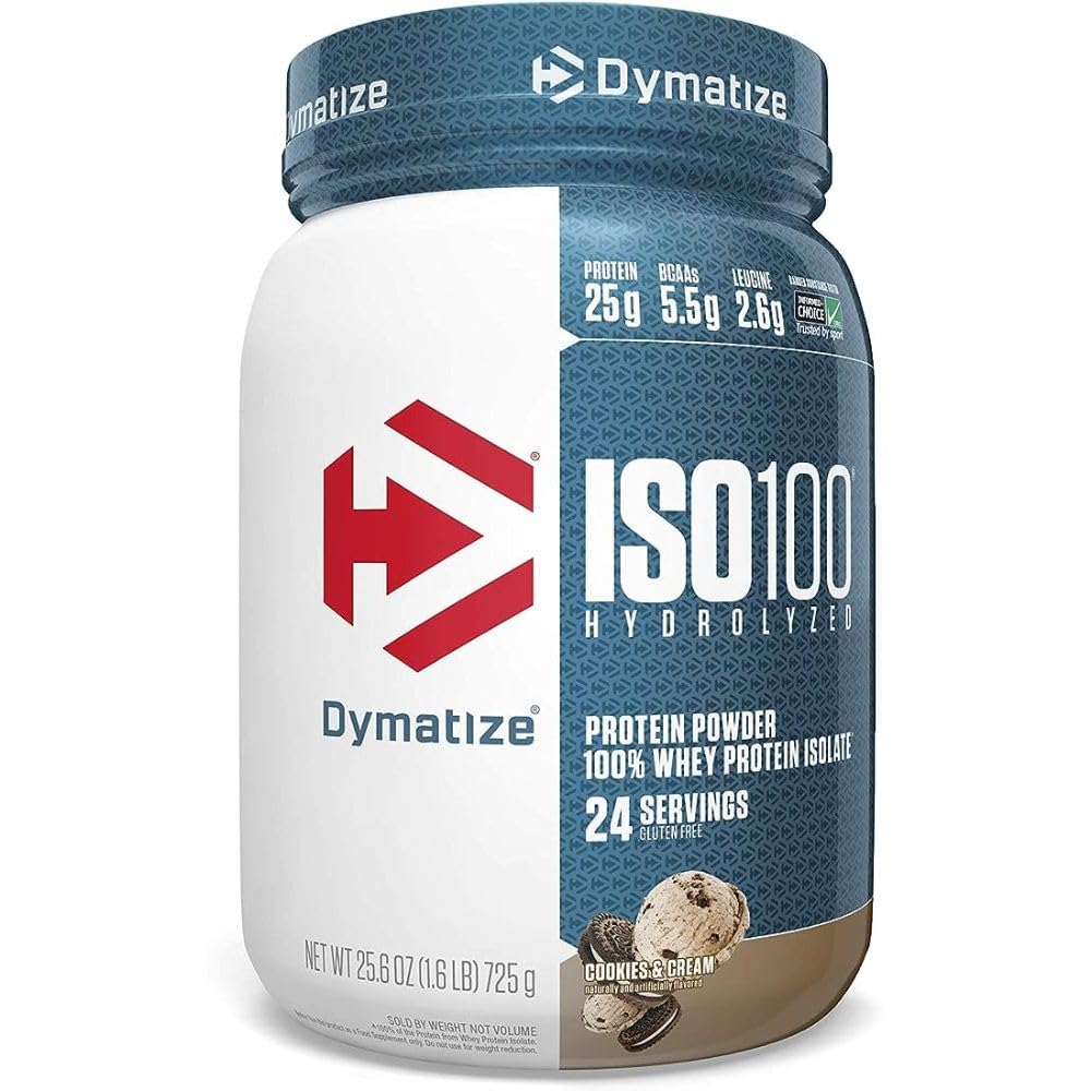 Dimatize ISO100 Proszek z hydrolizowanego białka, 100% Białko izolatu serwatki, 25g białka, 5,5 g BCAA, Gluten Free, Szybkie Absorbowanie, Łatwe trawienie, Cookies and Cream, 1.6 Funt