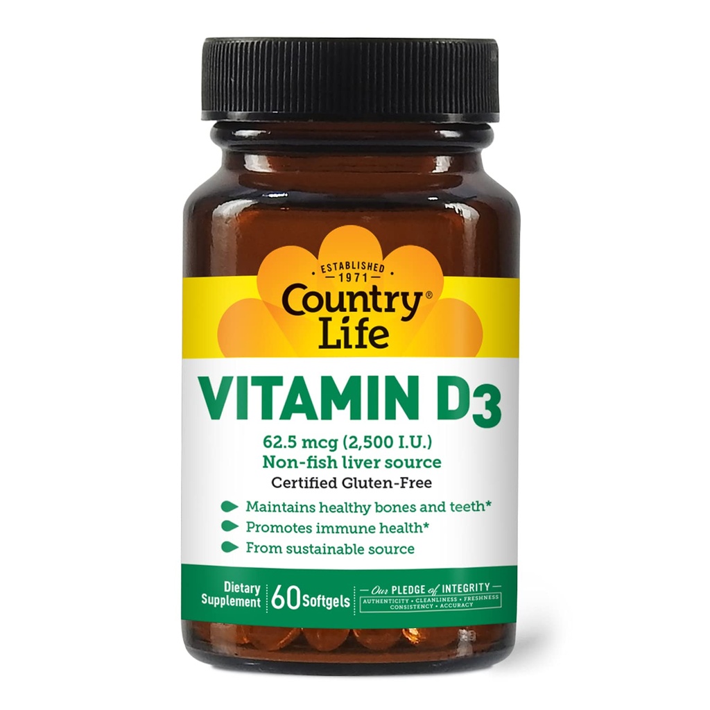Country Life Witamina D3 2500 I.U. Gluten- Free, 60 Softgels