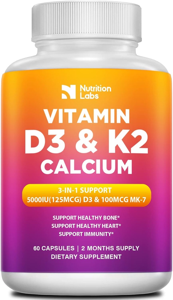 Witamina D3 K2 5000 j.m. Suplement z wapniem, Multiwitaminy Wspiera zdrowie immunologiczne, silne kości, funkcje zębów i serca z bioperine Black Pepper Fruit Extract 60 Count (Pack of 1)