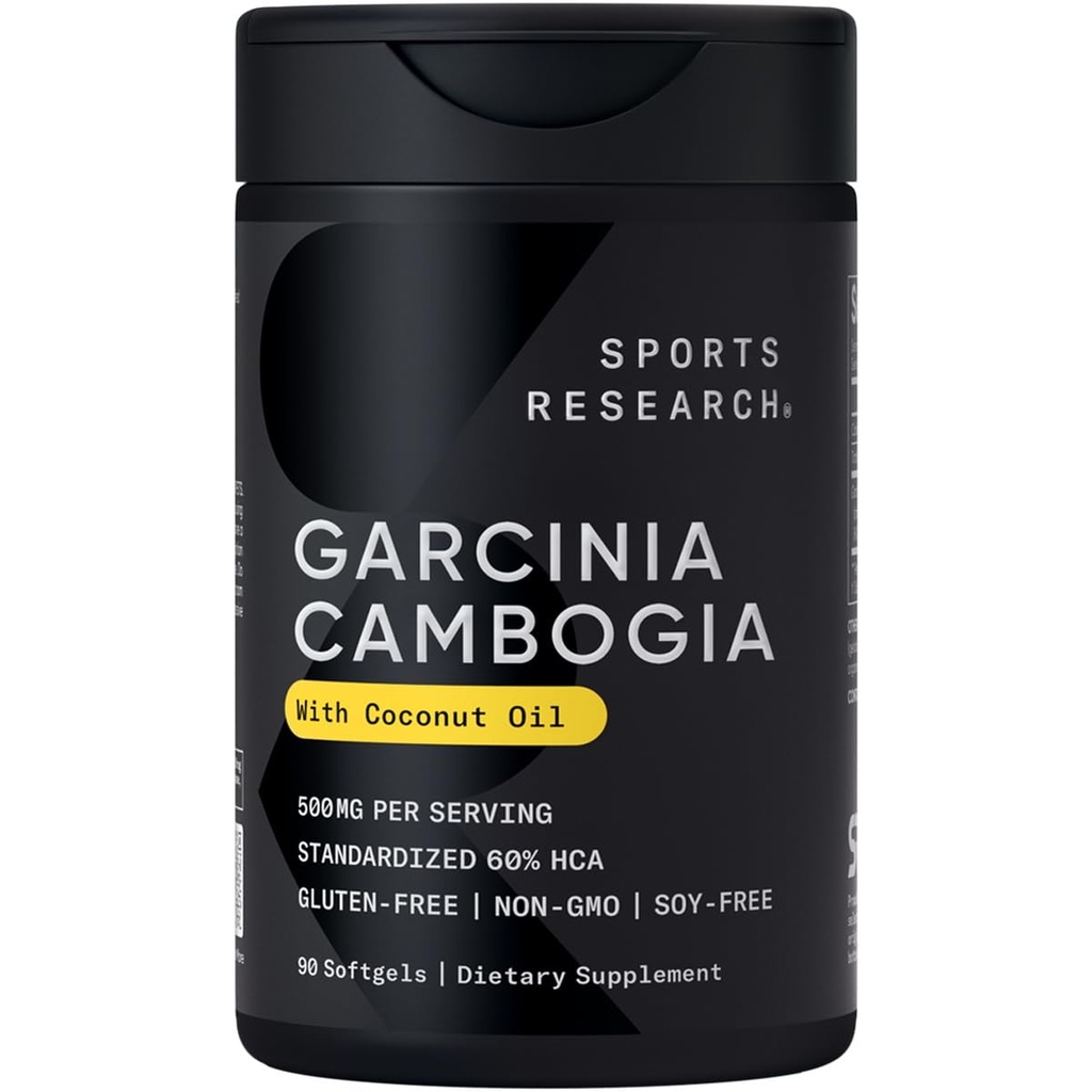 Sports Research Garcinia Cambogia Extract (60% HCA) z Extra Virgin Organic Coconut Oil 124; Non-GMO, Soy & Gluten Free (90 Płynne Softgels)