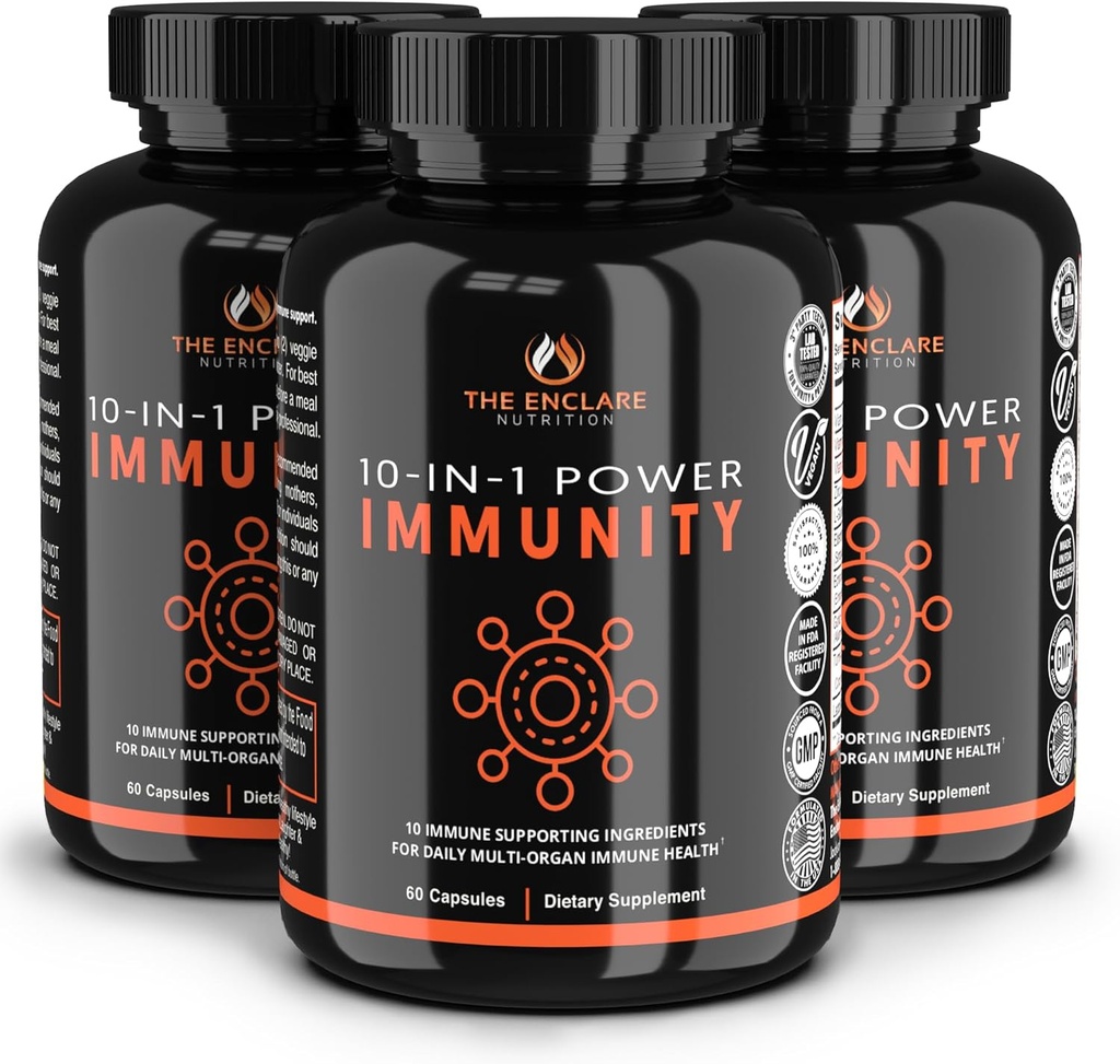 ENCLARE NUTRITION Immune Support Vitamin z witaminą C, Elderberry, Cynk, Echinacea, kurkumina kurkumina, Czosnek. 10in1 Immunity Defense Supplement Booster dla dorosłych.