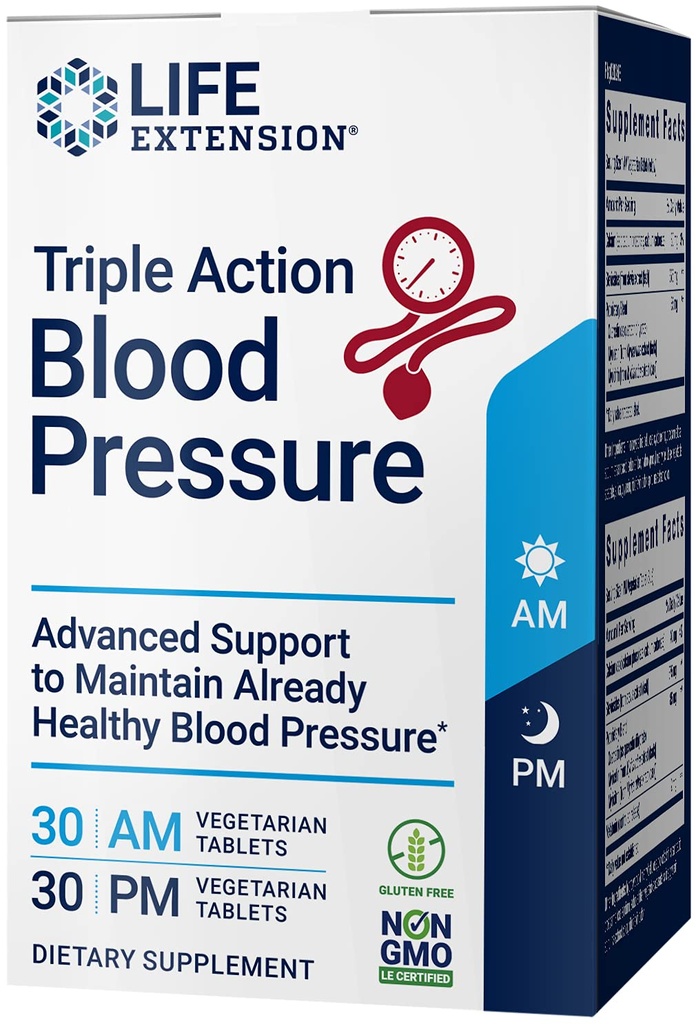 Life Extension Triple Action Blood Pressure, Heart Health Supplement, quercetin, stevia Extract, melatonina, Morning and Night Support, Gluten- Free, Non-GMO, Wegetarianin, 60 Tabletki