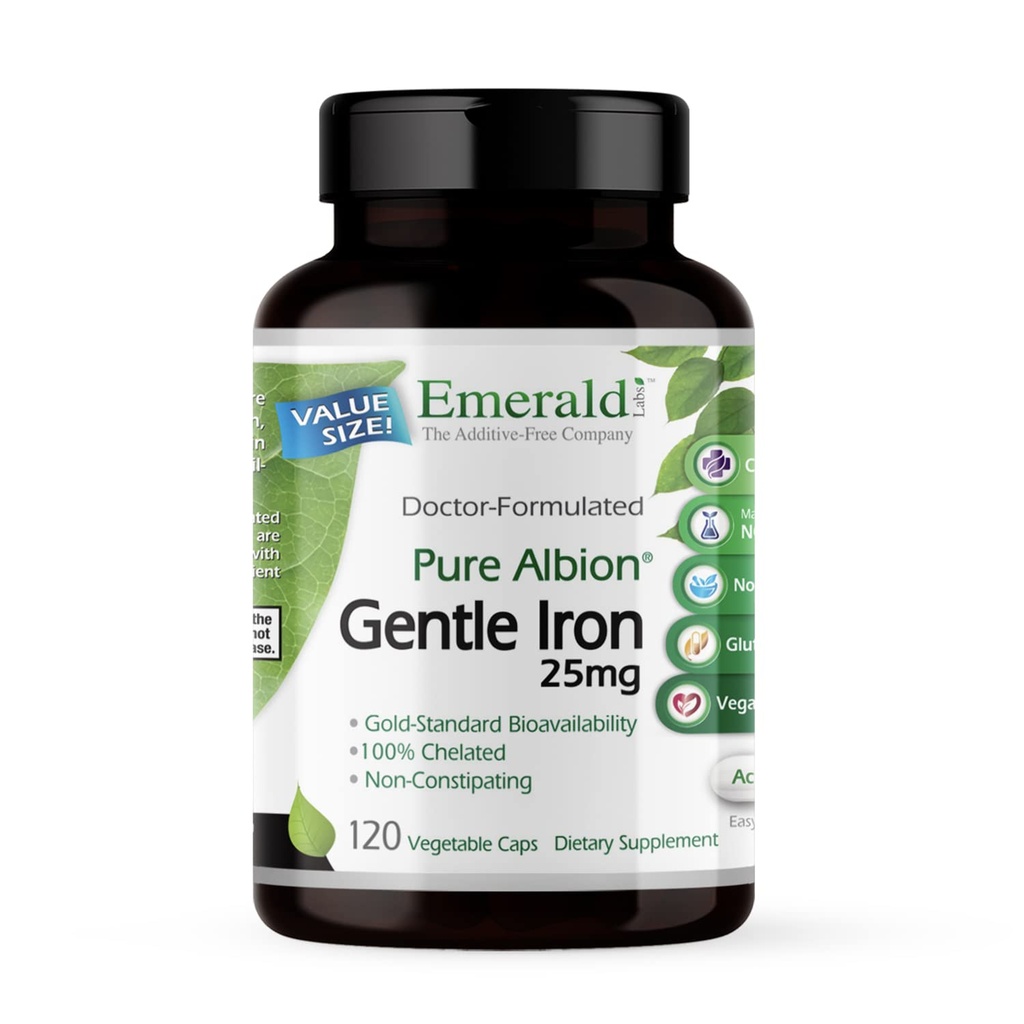 Emerald Labs Gentle Iron 25mg - Żelaza bisglicynian - Żelaza chelatowany suplement, który wspiera energię, oko, Immune & Heart Health - 120 Kapsułki warzyw (120- Day Supply)