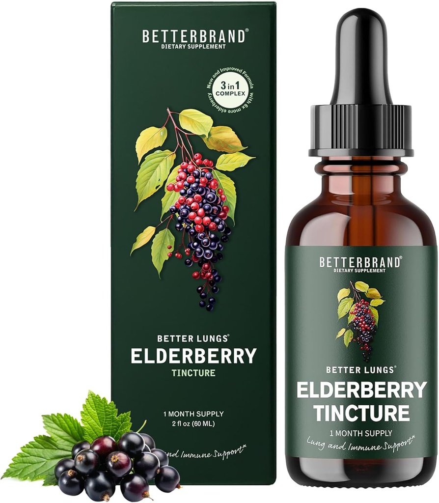 Betterbrand BetterLungs Elderberry Tincture Dietary Supplement - All Natural Sugar-Free Non-GMO Wegetarianin do zimowego wsparcia immunologicznego (30 dni)