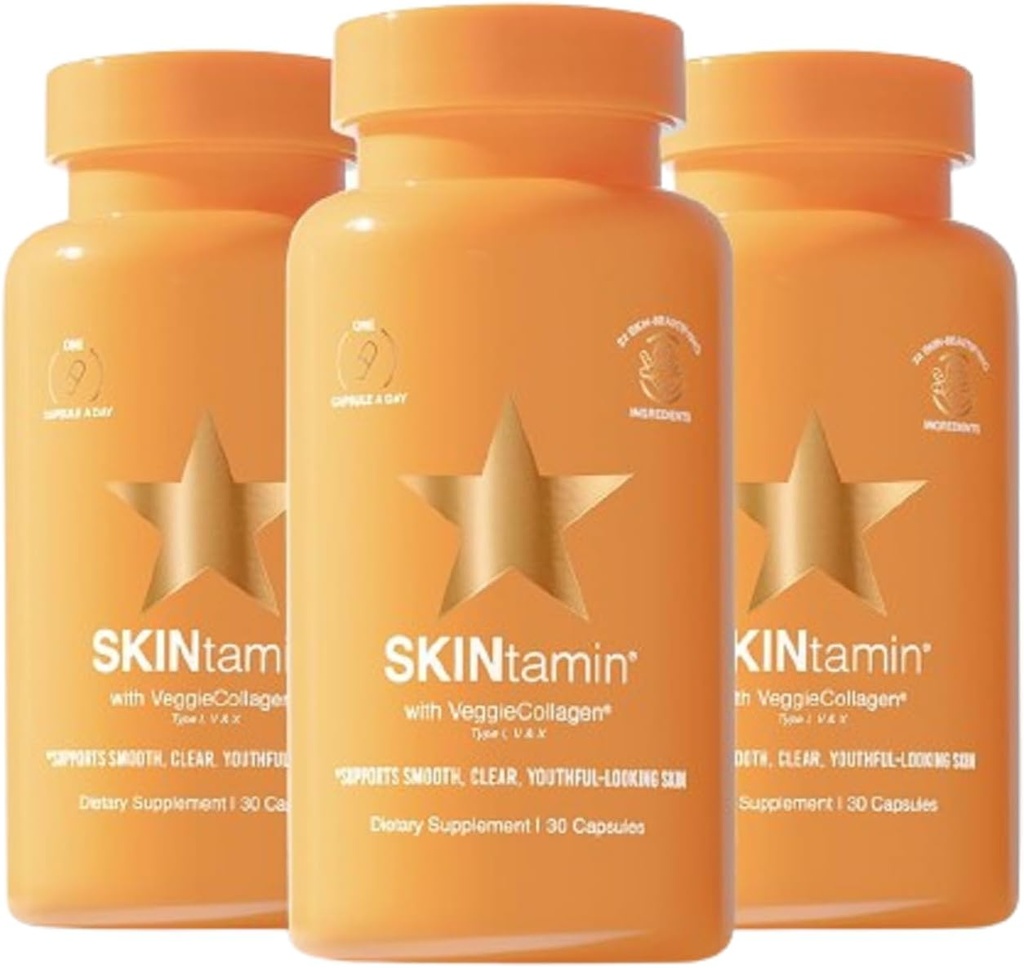 SKINtamin Vegetarian Collagen Pigułki 124; Najlepsze suplementy Kolagen dla kobiet do wspierania Firmness skóry i zmarszczki 124; Suplement skóry suplement do pomocy zmniejszyć Blemishes (30 Count (Pack of 3))