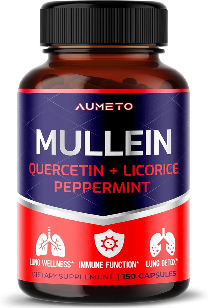 Suplement Mullein - ulepszona formuła z Quercetin, Licorice dla detox płuc, Wsparcie układu oddechowego i immunologicznego (150 Count (Pack of 1))