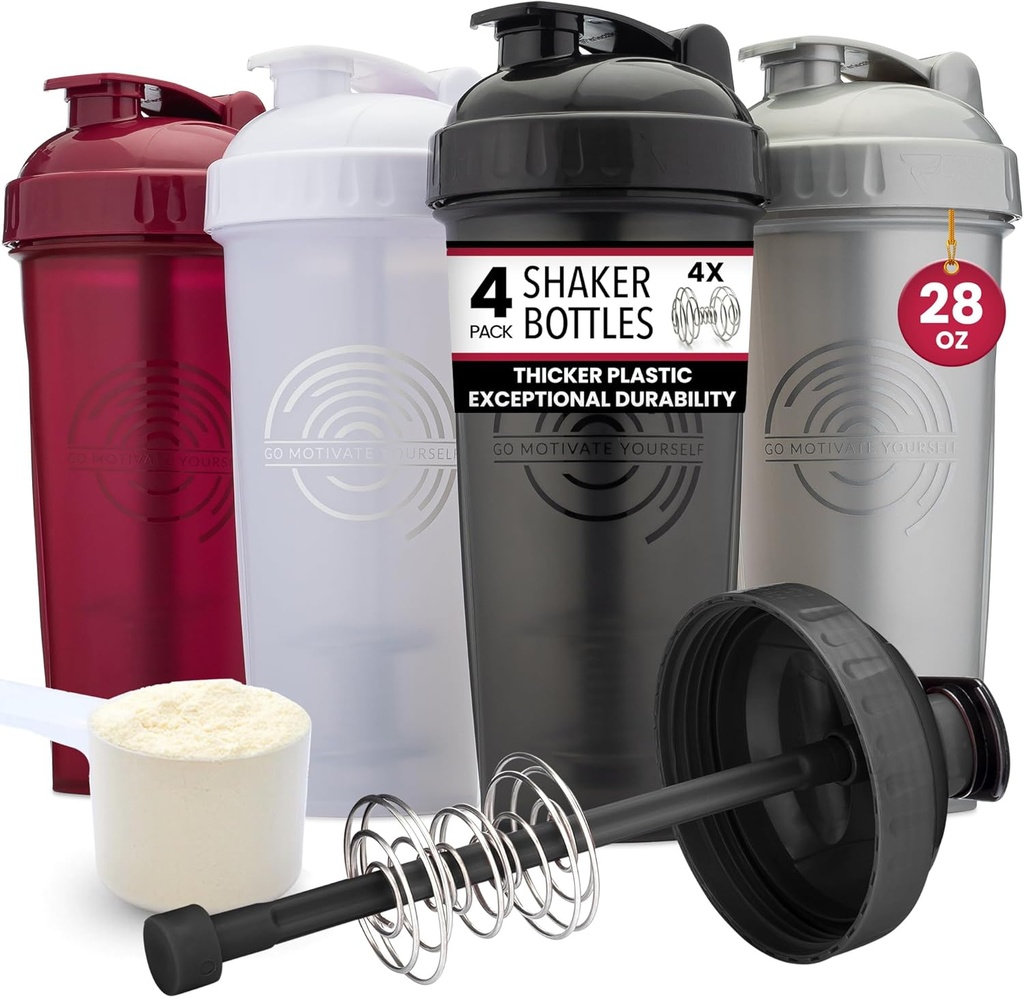 GOMOYO [4- Pack] 28- Ounce Shaker Butelka do shakera 124; Butelka do shakera z proteiny luzem z Action- Rod Wire Mixer