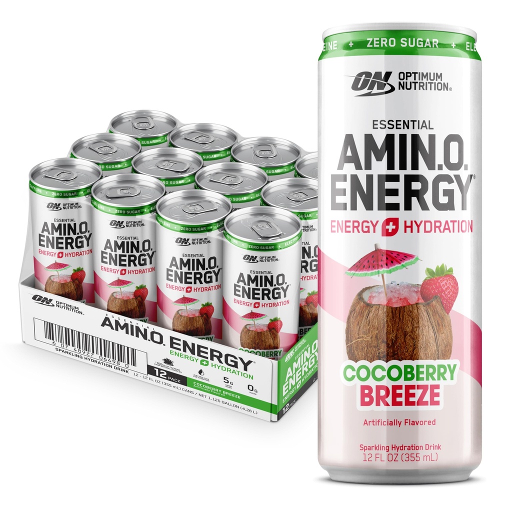 Optimum Nutrition Amino Energy Sflaging Hydration Drink, Electrolytes, Kofeina, Amino Acids, BCAA, Sugar Free, Cocoberry Breeze, 12 Fl Oz, 12 Pack (Packaging May Vary)