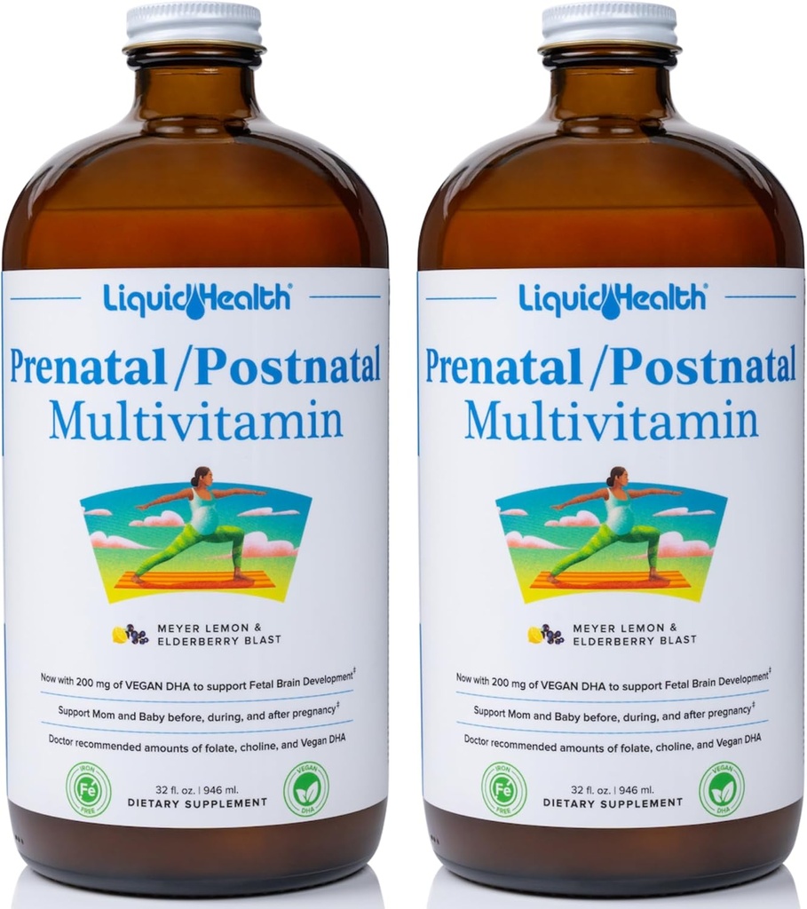 LIQUIDHEALTH Prenatal / Poponatalna wielocieczowa multiwitamina kobiet z realnym folianem - Witaminy przed- i poporodowe na wcześniej, W trakcie, Po ciąży - Made in USA, Wegan, Cugarfree, Non-GMO (2 Pack)