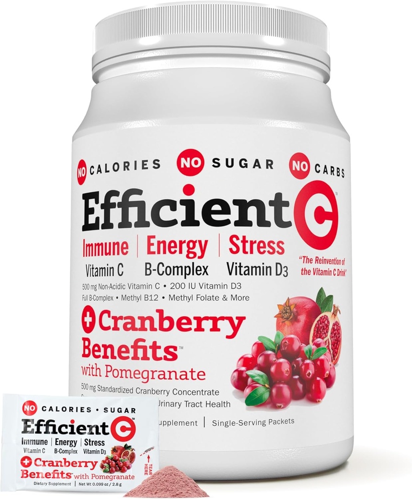 ANDREW LESSMAN Efficient C + Cranberry Benefits 30 Pakiety - Immune, Energy, Stress i Urynary Tract Wsparcie. Odtworzenie napoju witaminy C. Żadnych kalorii. Bez cukru. Nie ma węglowodanów. Łatwo wymieszać.