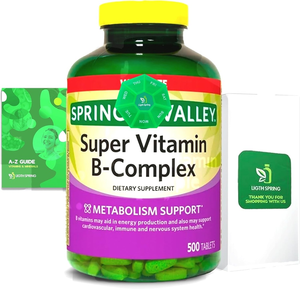 2 Pack - Light Spring Super B- Complex Tablets - Witamina B6, B12, C, Tiamina, Biotin - Bezglutenowy, Kompletny suplement diety z przewodnikiem światła i wiosny - Pomaga energii i odporności