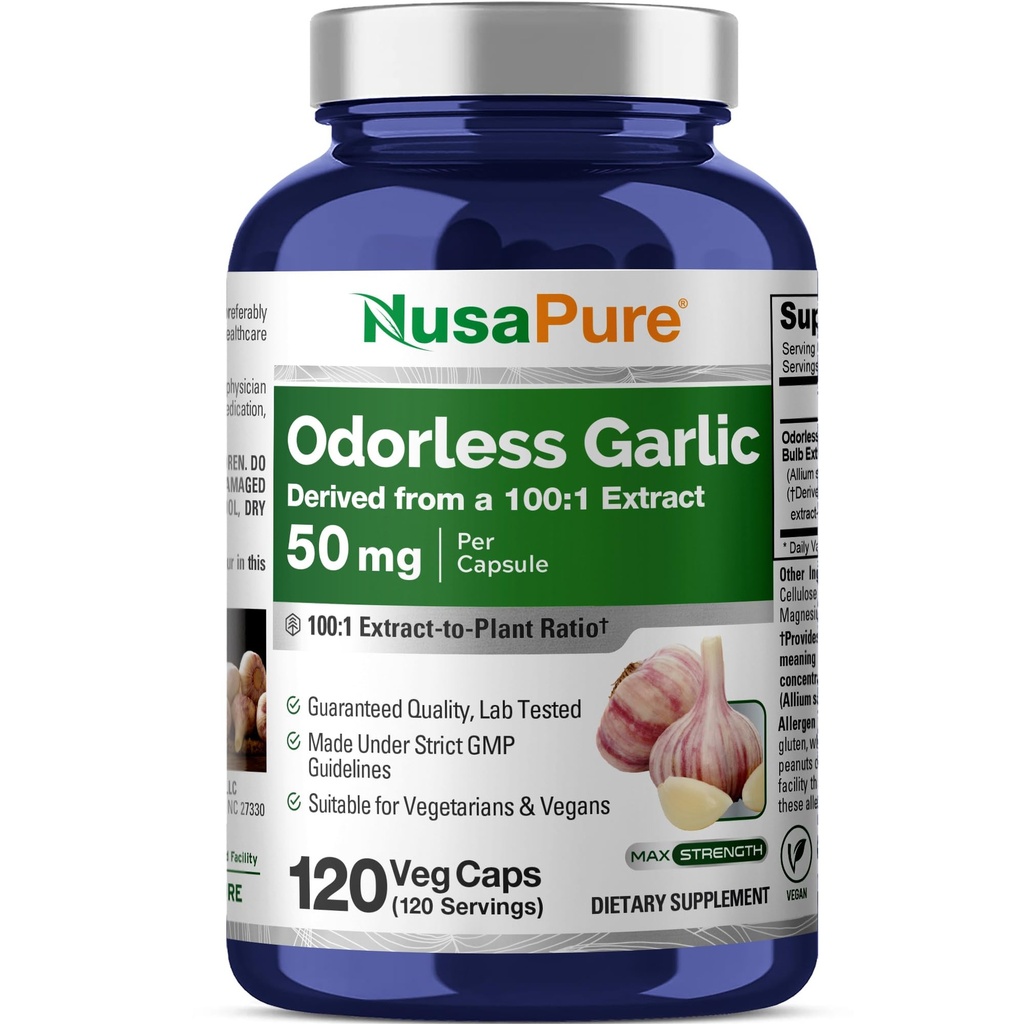 NusaPure Odorless Garlic, 50 mg, 120 Veg Capsules (Non-GMO, Vegan)