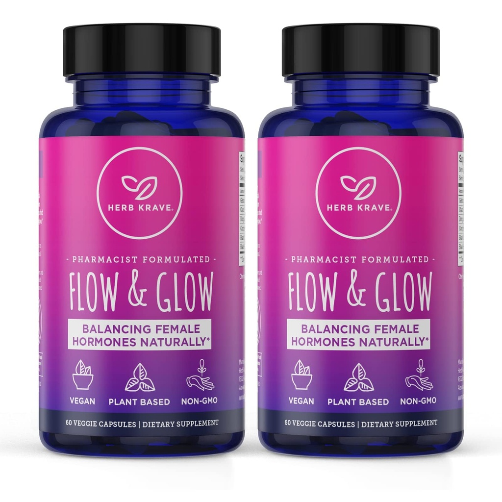 Bilans naturalnego hormonu Flow i Glow dla kobiet - PMS & Menopauza Relief for Cramps, Mood Swings & Night Sweats z Donq Quai & Black Cohosh dla Menopauza - 60 Kapsułek wegańskich (2 opakowania)