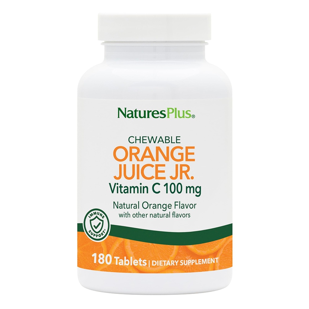 NaturesPlus Sok pomarańczowy Jr. - 180 Tabletki do rozgryzania i żucia - 100 mg Witamina C - Wsparcie dla układu immunologicznego - Delikatnie na żołądku - Wegan, Gluten Free - 180 Servings