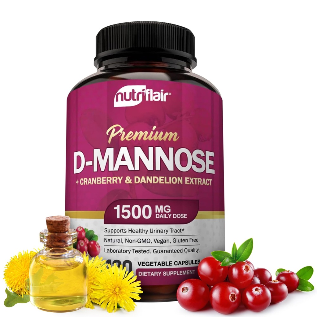 Nutric Flair D- Mannose 1200mg, 120 Kapsułek - z żurawinem i ekstraktem Dandelion - Naturalne Urynary Tract Health UTI Support - Najlepszy D Mannose Powder - Flush Zanieczyszczenia, Detox Body, dla kobiet i mężczyzn
