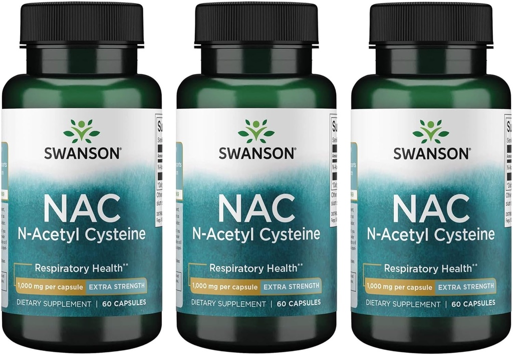 Swanson NAC N- Acetylo Cysteina - Przeciwutleniacz Przeciwstawne Wspomaganie czynności układu oddechowego - Suplement aminokwasów 1000 mg 60 Kapsułek (3 opakowania)