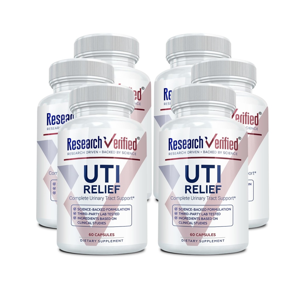 Research Verified UTI Relief - Supplement Supplement Tract - 100% Natural, Vegan z Lingonberry, Żurawiny i D- Mannoss - 6 butelek (6 miesięcy dostaw)