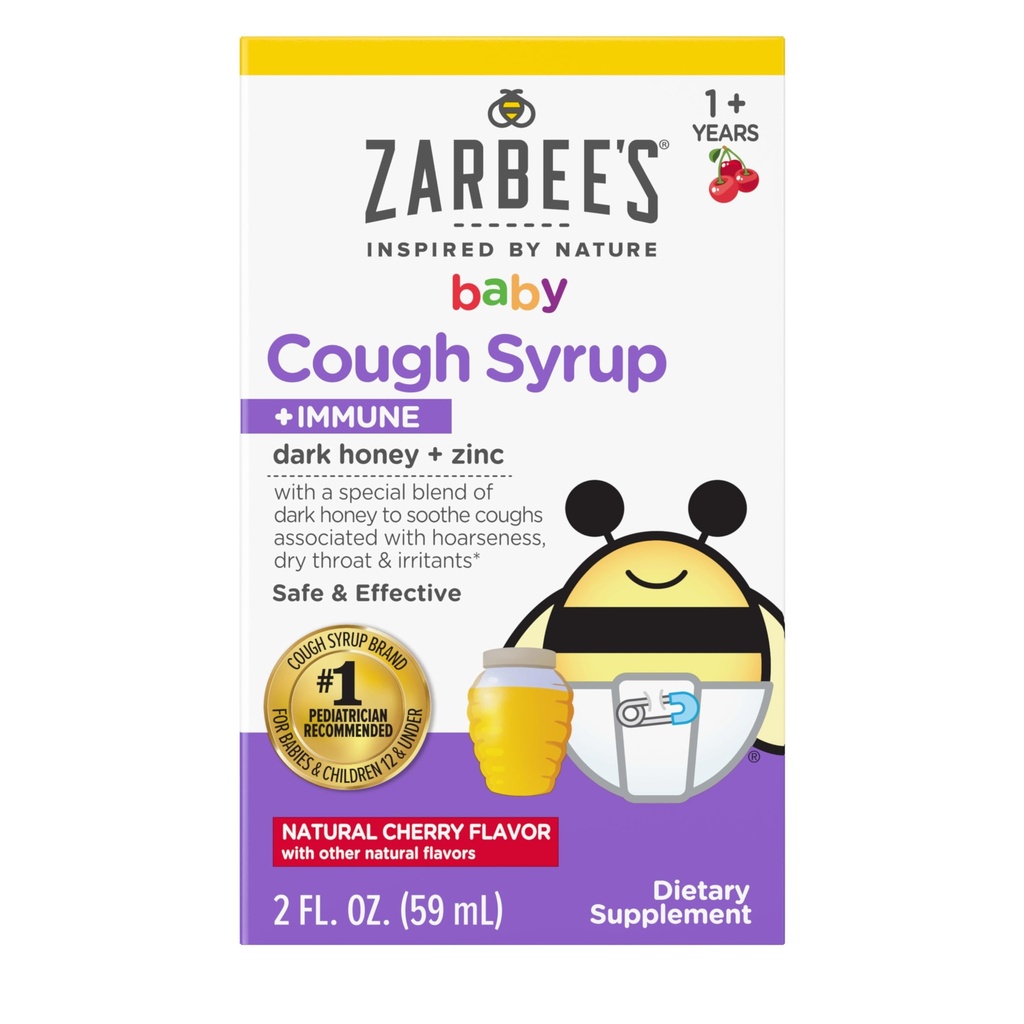 Syrop z miodu Zarbee + Immune dla niemowląt 12- 24 Miesiące, Bezpieczny i skuteczny Syrop Kaszlowy z Soothing Dark Honey & Cynk dla wsparcia immunologicznego *, Drug & Alcohol- Free, Cherry, 2 fl. oz