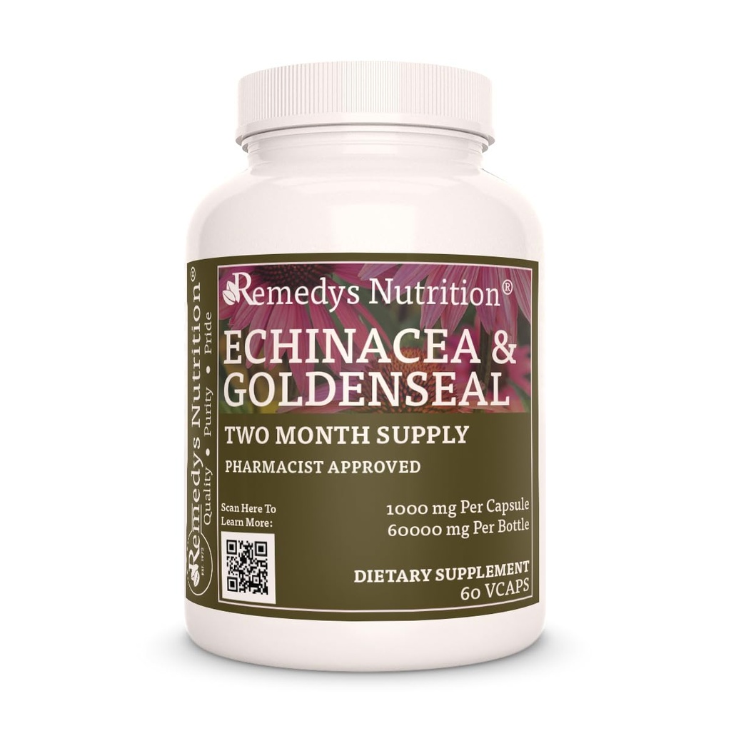 Remedy 's Nutrition Echinacea & Goldenseal Equinacea 124; 1000 mg, 60 Kapsułek Vegan Herbal Dietetyczny Suplement 124; Dwa miesiące dostaw