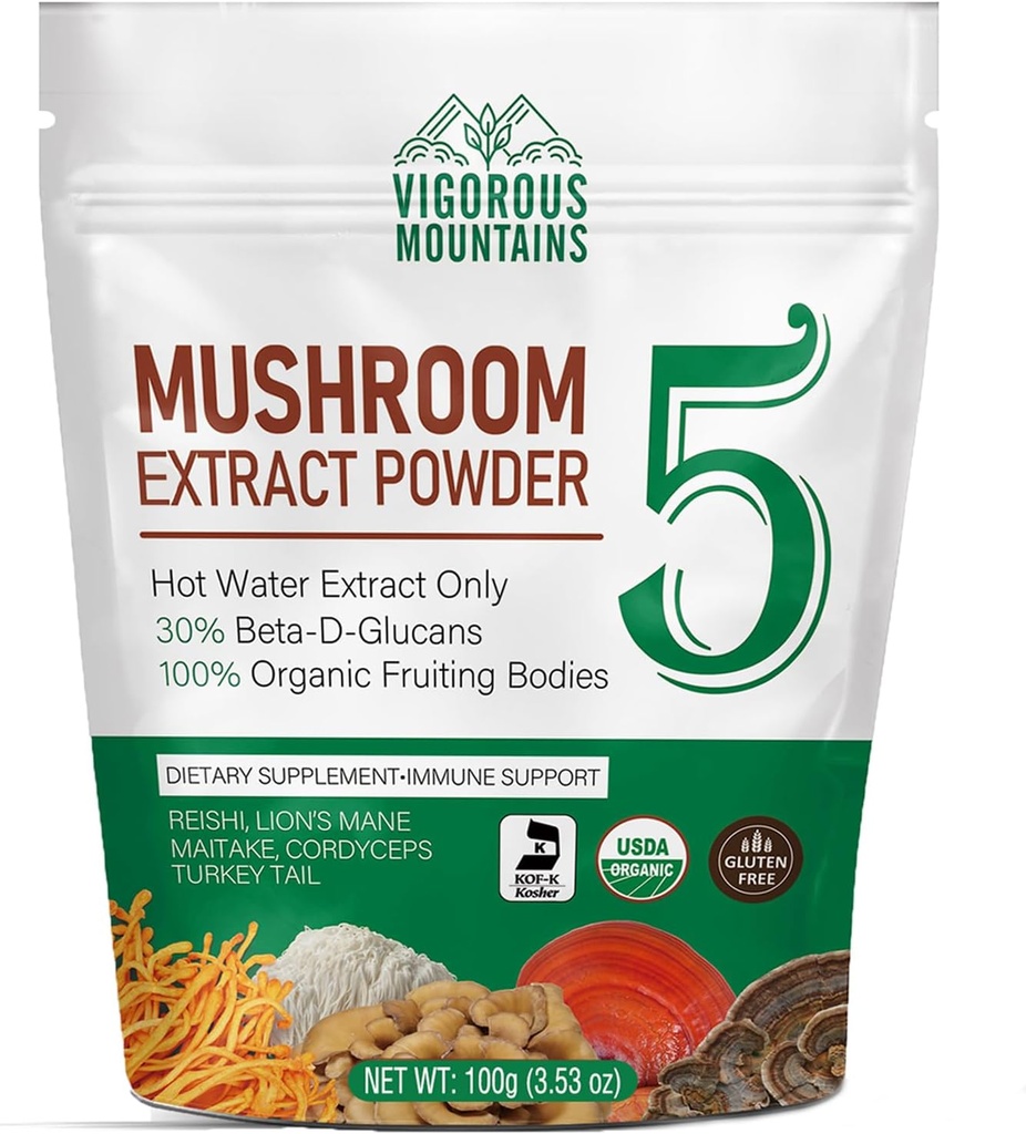 VIGOROUS MOUNTAINS Organic Mushroom Powder Supplement - USDA Certified, Lions Mane & Reishi dla immunologicznego wsparcia, Mózg Focus, Wegan, Mieszanki natychmiast w kawy i koktajle (100g)