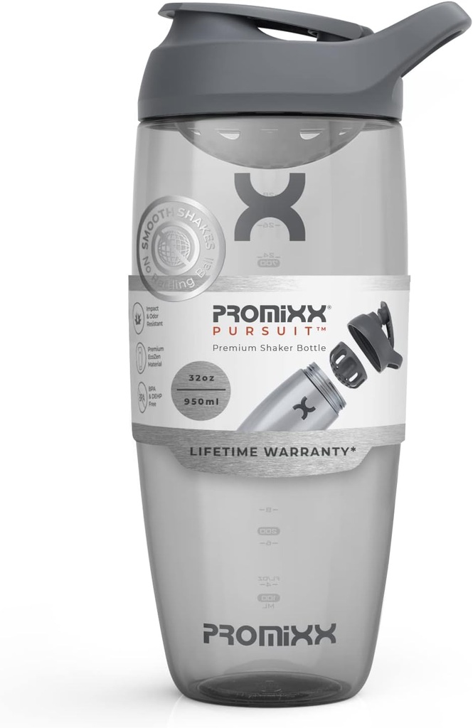 Promixx Pursuit Protein Shaker Bottle (32 oz) - Silent No- Ball Mixer, Leak- Proof Lid, BPA / BPS & Phthalate- Free ECOZEN - Easy- Clean Shaker Cup for Protein Shakes, Pre & Post- Workout Smoothies