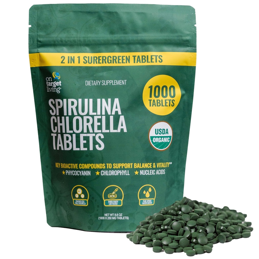 Na target Living Organic Spirulina Chlorella Bis 124; Supergreens Bis 124; USDA Organic Bis 124; 1000 Tablets - 250 G (8.8 oz) Bis 124; Vegan Bis 124; Immune Support Bis 124; Alkalizing Bis 124; Nutrient Dense 124; Protein Dense