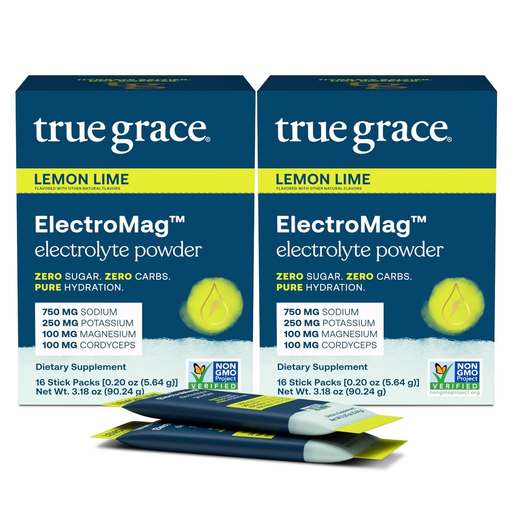 Prawdziwa Grace ElectroMag - 16 opakowań z klejem (opakowanie po 2) - Lemon Lime - Proszek elektrolitowy do szybkiego nawadniania - Sód, Potas, Magnez i Cordyceps - Zero cukru i węglowodanów - Non-GMO - 32 Sługi ogółem