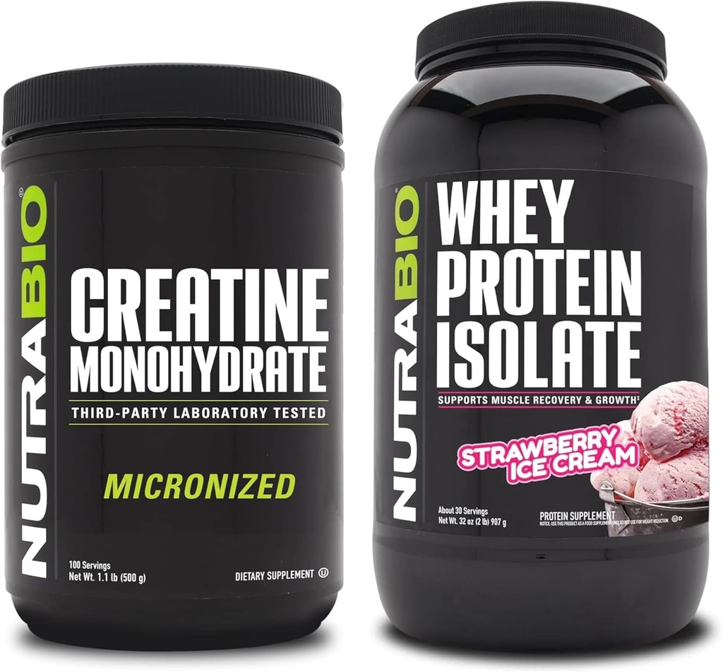 Monowodzian NutraBio Creatine, izolat nieflaworyczny, 500 g i białko serwatki, lody truskawkowe, suplement Bundle - Energia mięśniowa, Lean Muscle Growth, Odzysk i Siła