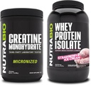 Monowodzian NutraBio Creatine, izolat nieflaworyczny, 500 g i białko serwatki, lody truskawkowe, suplement Bundle - Energia mięśniowa, Lean Muscle Growth, Odzysk i Siła