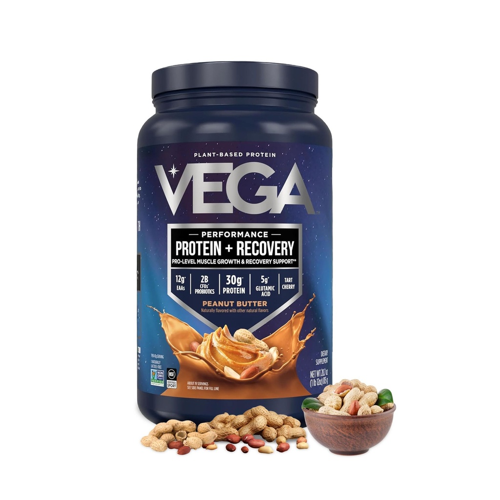 Vega Sport Vegan Protein Powder + Odzysk - 30 g Białko roślinne na Serving, Masło orzechowe, 19 Służenia, 5g BCAA, Probiotyki, NSF Certified, Dla Shakes & Smoothies, 1.8lbs (Packaging May Vary)