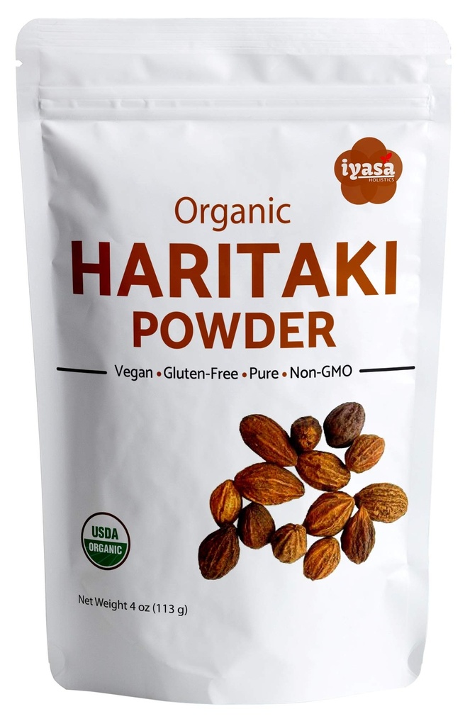 Iyasa Holistics Organic Haritaki Powder, Harde, Harad, Terminalia chebula, Kadakapudi, Ayurveda zioła do trawienia, Relief gazowy, Zdrowe funkcje koszeli, Superfood, Resealable Pouch 4 oz