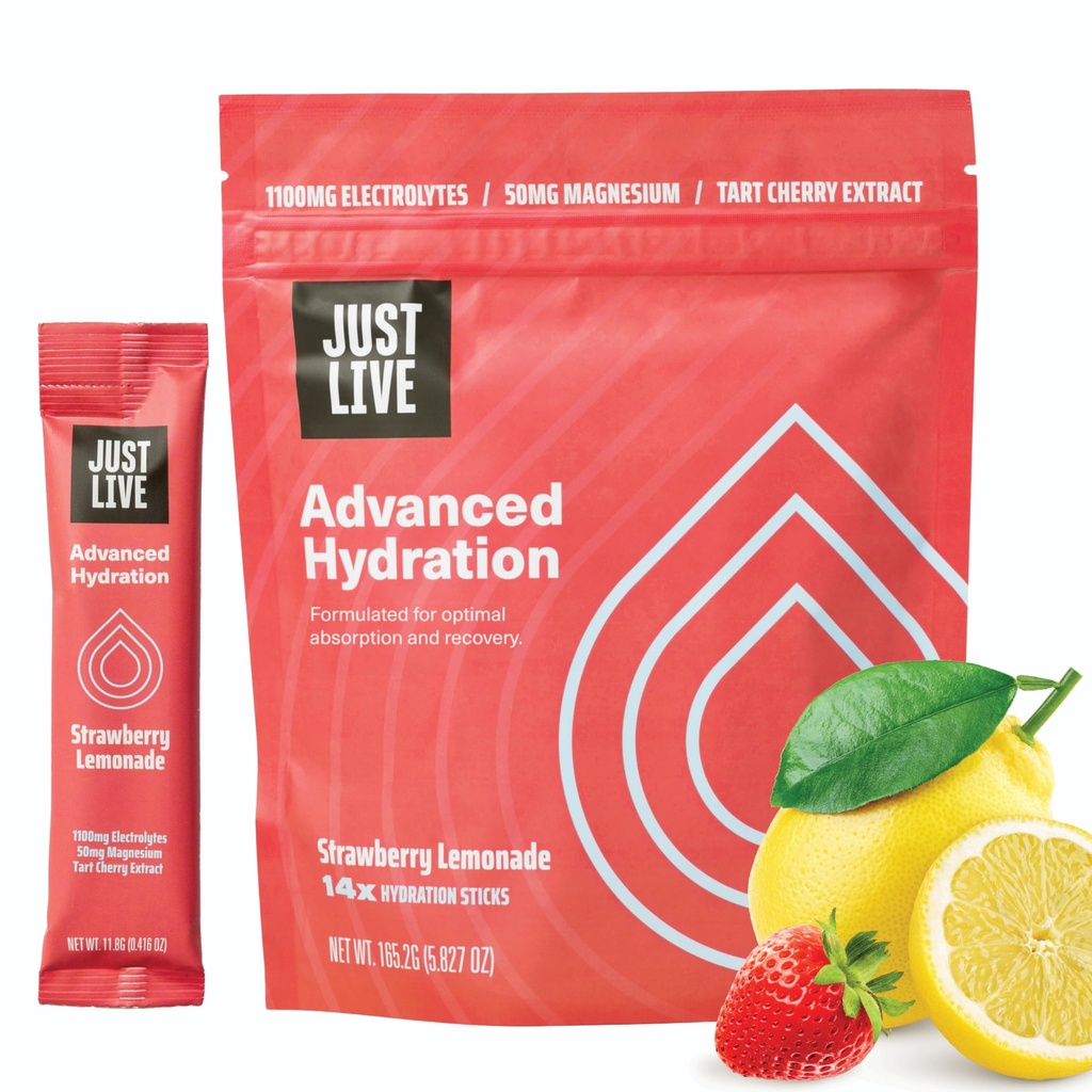 Just Live Advanced Hydration - Lemoniada truskawkowa, Electrolyte Drink Mix, Tart Cherry Extract, Wspiera odzyskiwanie i wchłanianie, niski cukier, 14 Pack