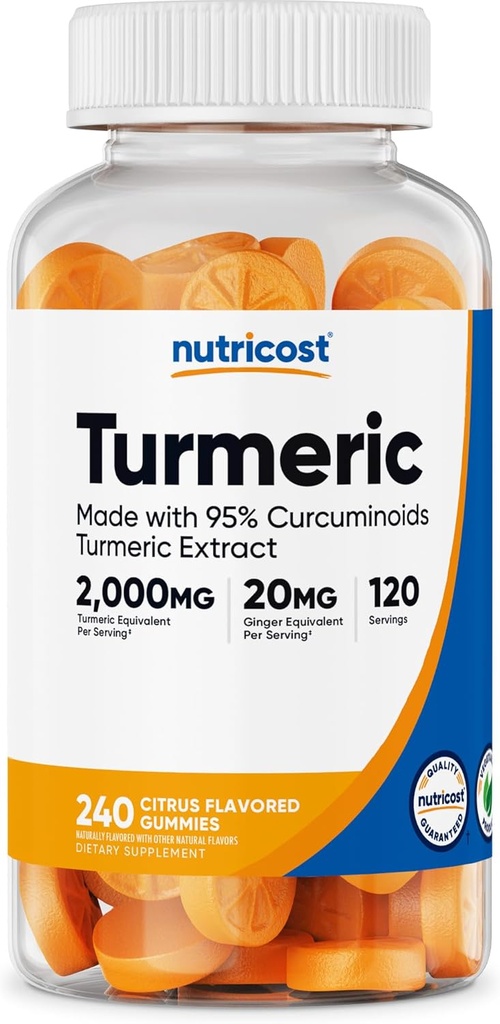 Nutricost Gummies Turmeric (240 Gummies) - Citrus Flavored, Made with 95% Curcuminoids, 120 Servings, Zawiera ekstrakt Ginger i Black Pepper, Wegetarianin, Non-GMO i Gluten Free
