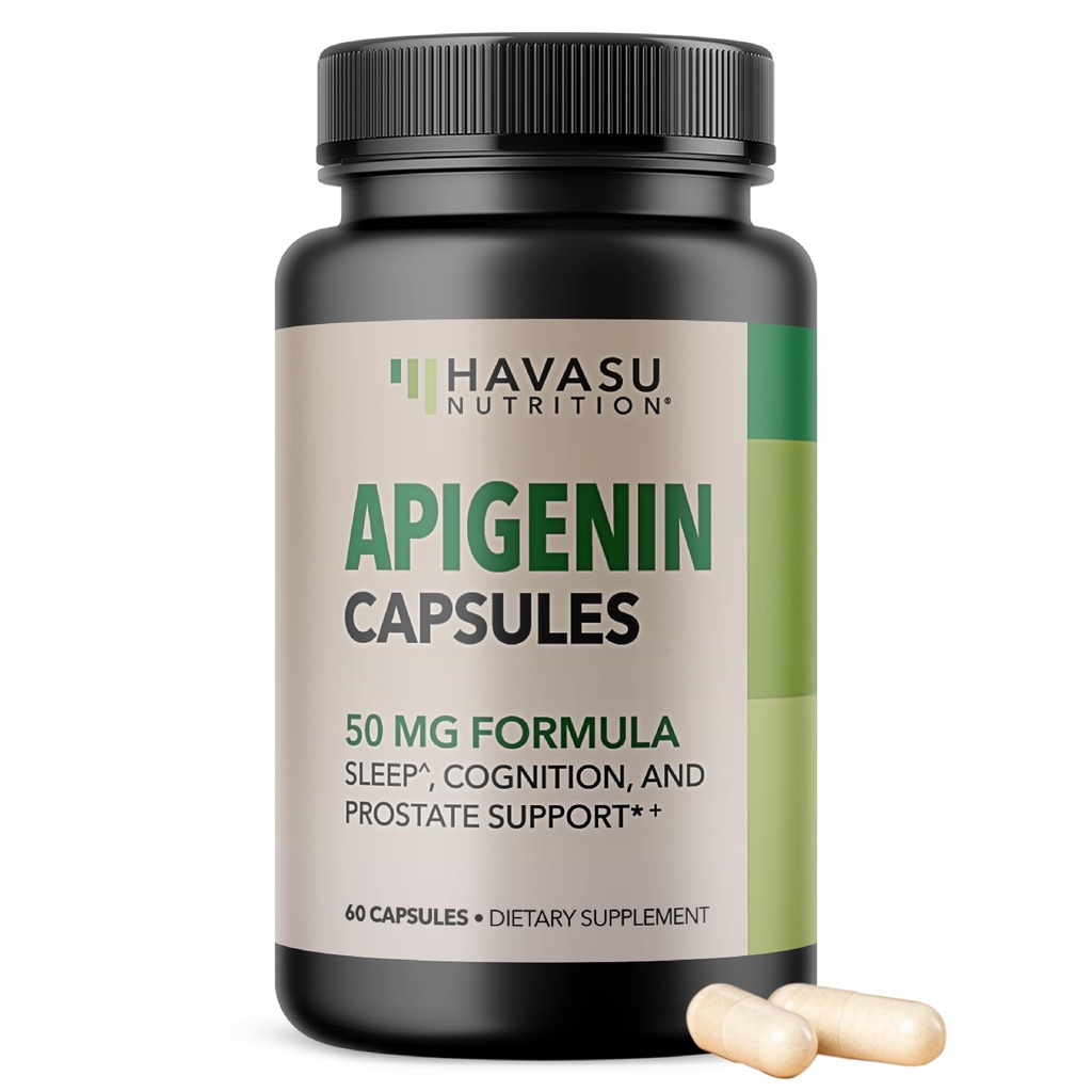 Apigenin Kapsułki 50mg - 60 Hrabia, Wegan, Non-GMO, Sleep & Cognitive Supplement Supplement Supplement - Rumianek Flavonoid do relaksacji, Prostate Health, Melatonine- Free, Liposomal Formula dla Enhanced Absorption
