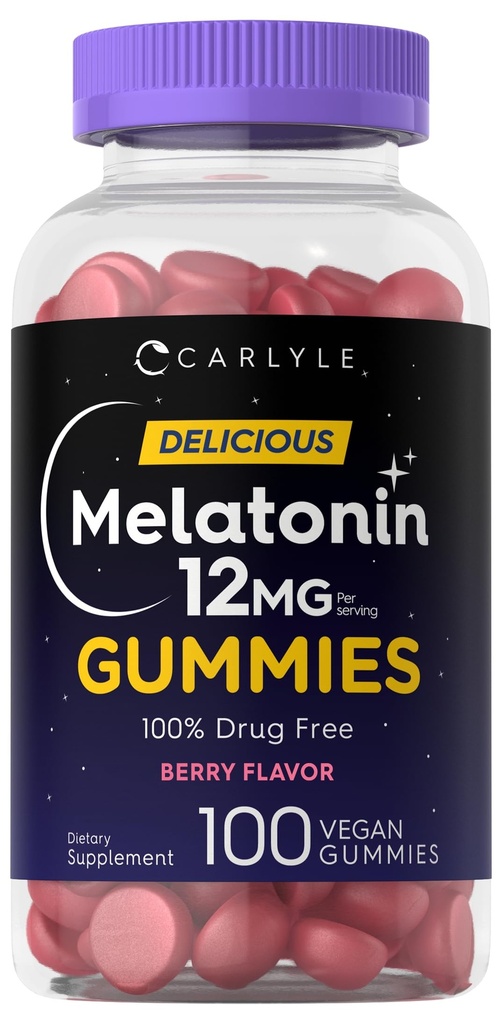 Carlyle Melatonin Gummies 12mg 124; 100 Hrabia 124; Berry Flavor 124; Vegan Supplement Amend124; Non-GMO, Gluten Free