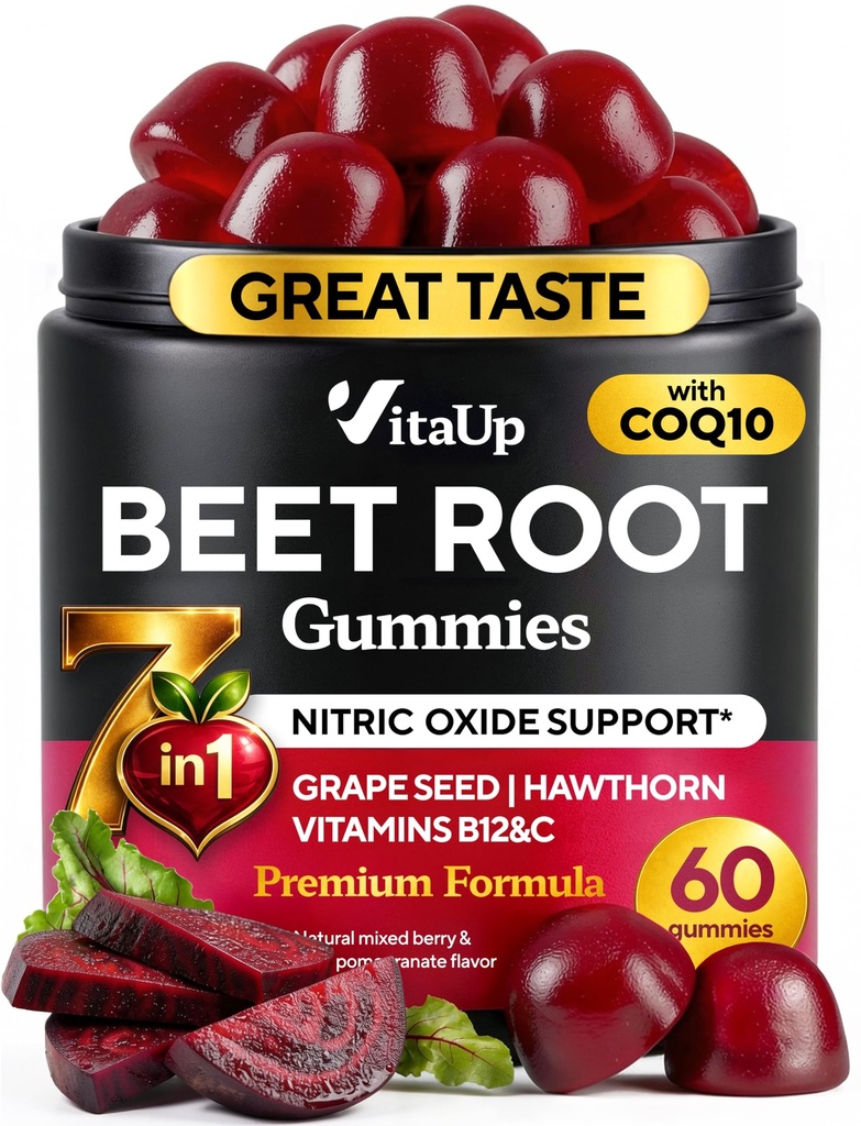 Gumie buraczane - Gummie buraczane - Red Beets Supplements with Beetroot, Nasiona winorośli, Coq10, Witamina C & B12 - 60 Chews buraków